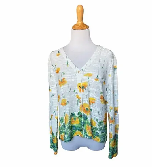 St. John Sport Floral Light Weight Knit Gold-Tone Button Cardigan Sz L Whimsical